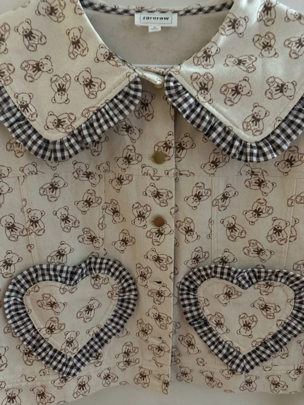 Rare raw Cream Teddy-Print Heart Pocket Jean Jacket - Picture 3 of 7
